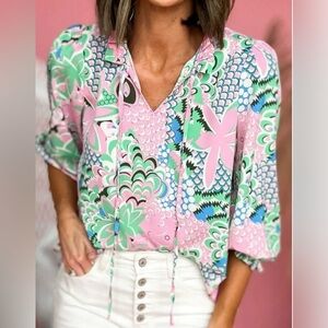 Green Floral Print VNeck Tied Loose Blouse
